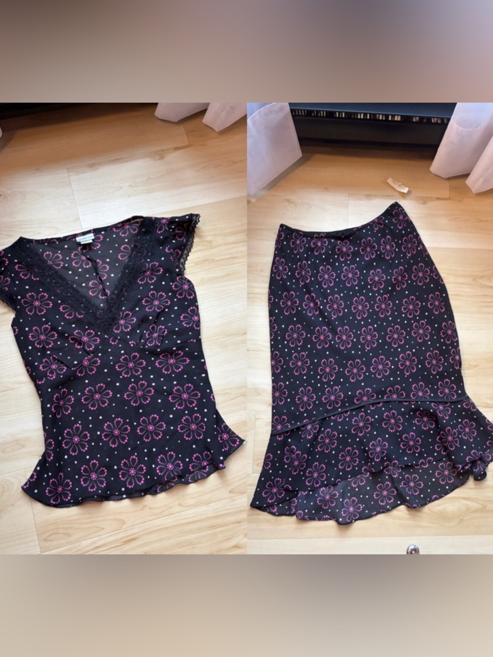 Vintage Gloria Vanderbilt Black Floral Two-Piece Skirt Set with Pink Daisy Print
